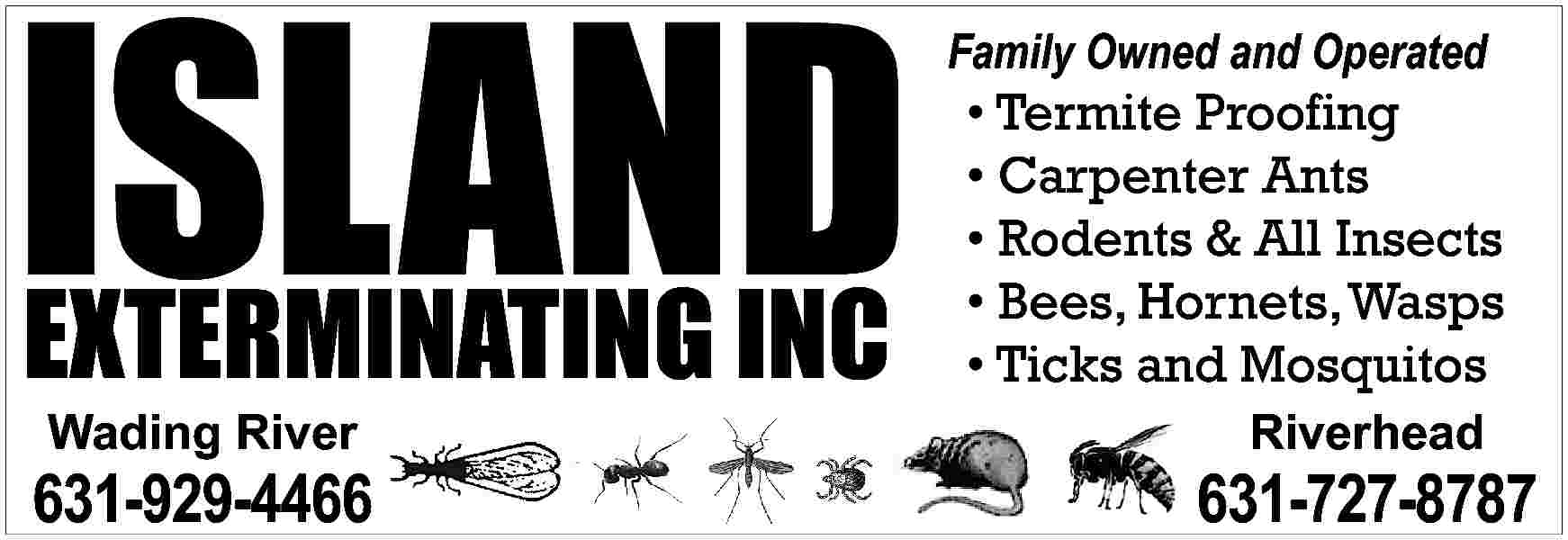ISLAND <br>EXTERMINATING INC <br> <br>Family  ISLAND  EXTERMINATING INC    Family Owned and Operated        Termite Proofing      Carpenter Ants      Rodents & All Insects      Bees, Hornets, Wasps      Ticks and Mosquitos    Wading River    Riverhead    631-929-4466    631-727-8787     
