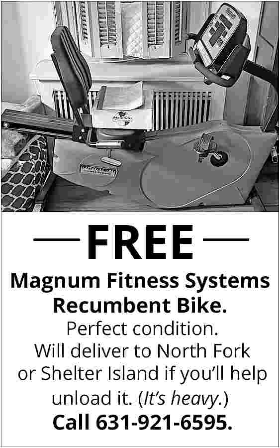 FREE <br> <br>Magnum Fitness Systems  FREE    Magnum Fitness Systems  Recumbent Bike.  Perfect condition.  Will deliver to North Fork  or Shelter Island if you   ll help  unload it. (It   s heavy.)    Call 631-921-6595.     